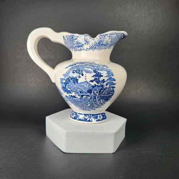 Vintage Blue White Willow Handpainted Pitcher /Japan Teapot + Plate /Asian Scene - Picture 2 of 7